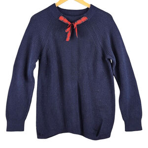 J.Crew Mercantile Women's Navy Knit Sweater L Red Plaid Bow Accent Raglan Sleeve